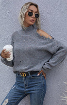 Ripped - High Necked Knit Sweater - ElegantAlpha