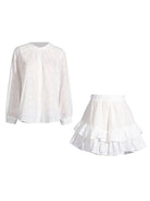 Round Neck Hollow Long Sleeve Shirt High Waist Ruffled Shorts Suit - ElegantAlpha