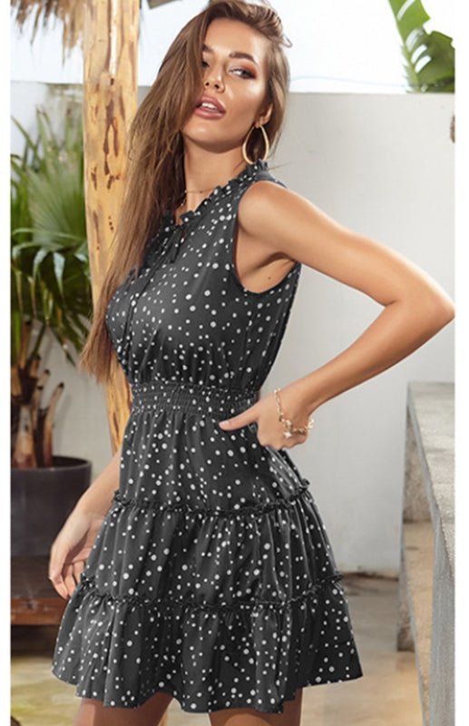 Round Neck Polka Dot Print Trim Dress - ElegantAlpha