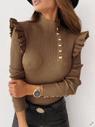 Ruffled Long Sleeve Button Knit Top - ElegantAlpha®