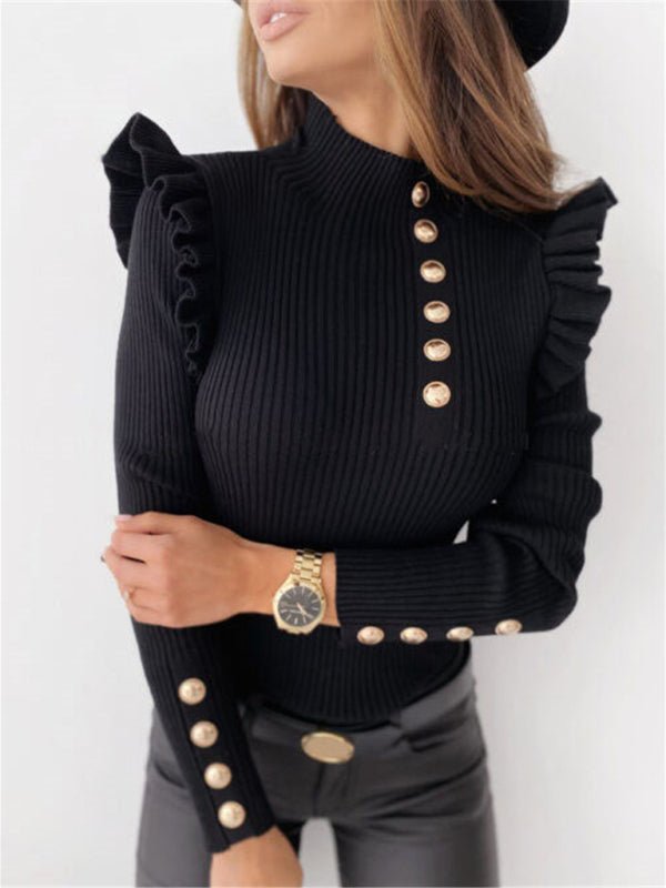 Ruffled Long Sleeve Button Knit Top - ElegantAlpha®