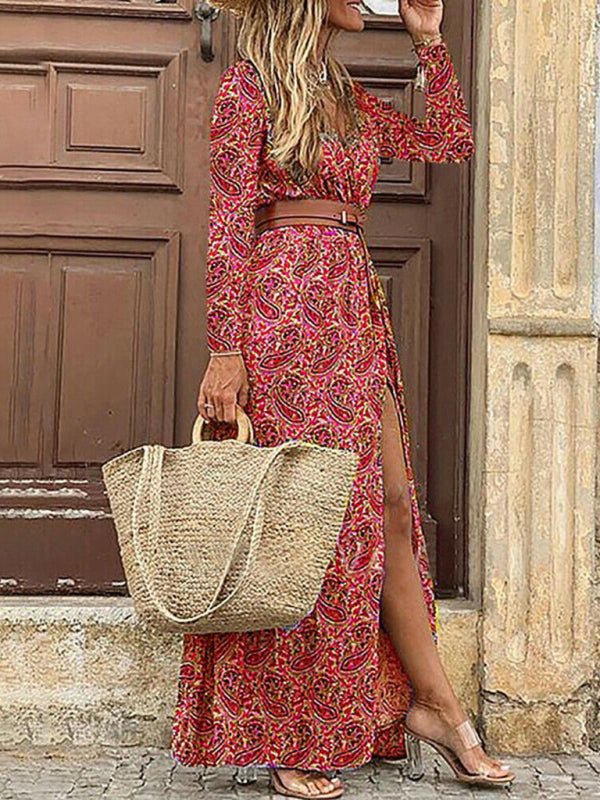 S Floral Long-Sleeved V-Neck Dress - ElegantAlpha®