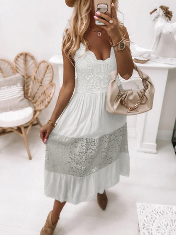 Sexy sleeveless lace stitching dress long skirt - ElegantAlpha