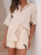 Short - sleeved cardigan + shorts printed home two - piece set - ElegantAlpha