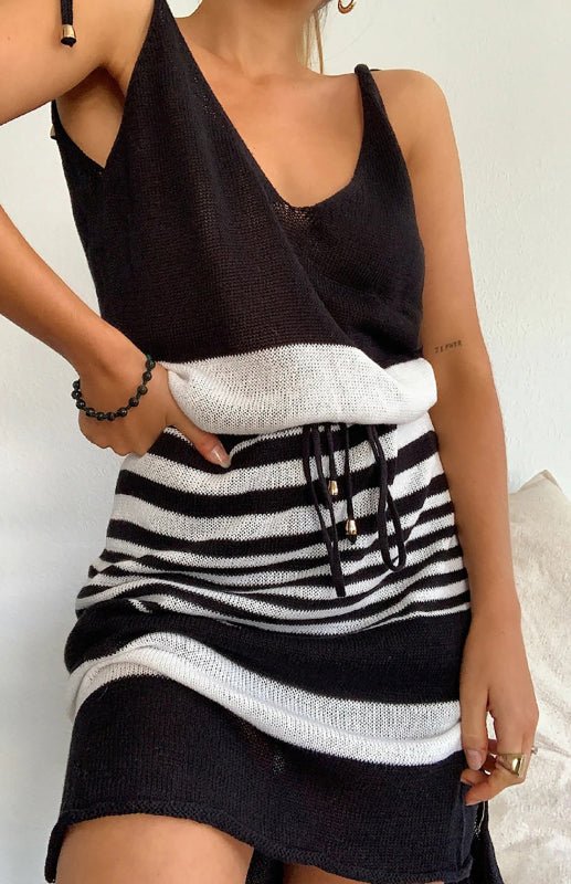 Sleeveless V - Neck Striped Dress - ElegantAlpha