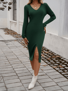 Slim V - Neck Slit Sweater Dress - ElegantAlpha