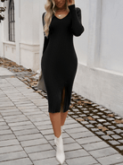 Slim V - Neck Slit Sweater Dress - ElegantAlpha