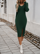 Slim V - Neck Slit Sweater Dress - ElegantAlpha