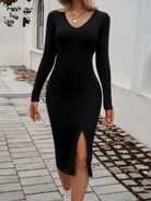 Slim V - Neck Slit Sweater Dress - ElegantAlpha