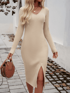 Slim V - Neck Slit Sweater Dress - ElegantAlpha