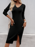 Slim V - Neck Slit Sweater Dress - ElegantAlpha