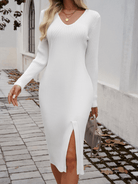 Slim V - Neck Slit Sweater Dress - ElegantAlpha