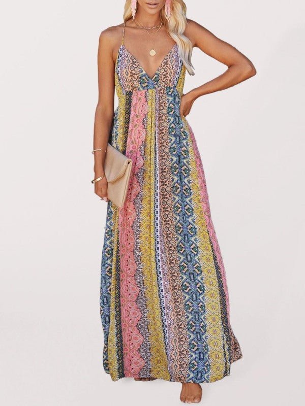 Sling Deep V Print Long Dress - ElegantAlpha®