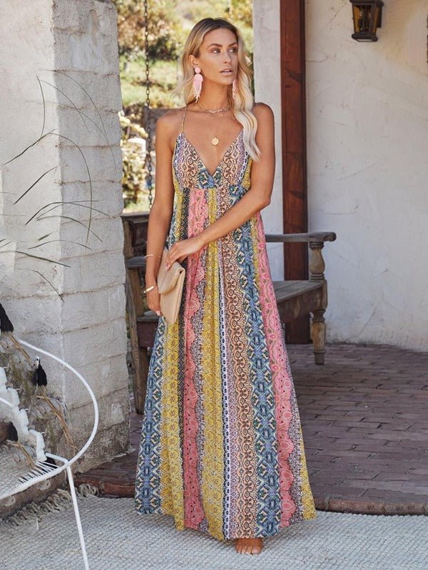 Sling Deep V Print Long Dress - ElegantAlpha®