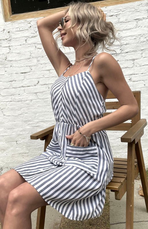 Slip Dress Grey Striped Cotton Linen Dress - ElegantAlpha