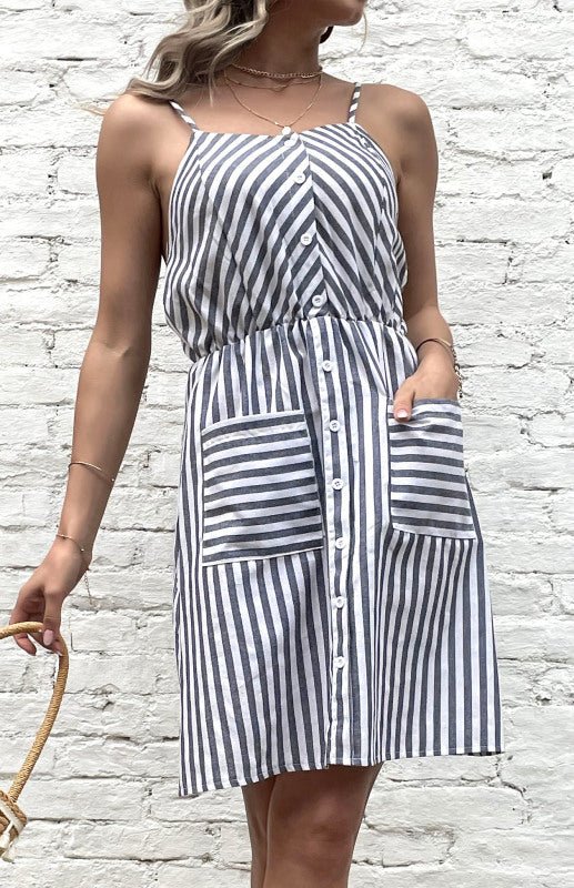 Slip Dress Grey Striped Cotton Linen Dress - ElegantAlpha