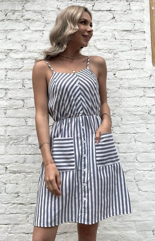 Slip Dress Grey Striped Cotton Linen Dress - ElegantAlpha