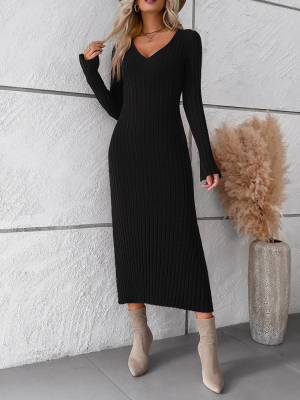 Solid color long - sleeved sweater dress - ElegantAlpha