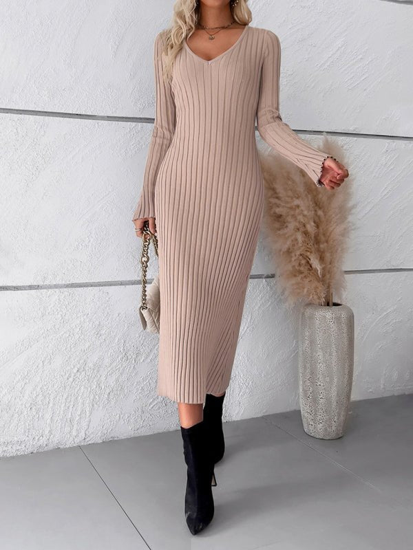 Solid color long - sleeved sweater dress - ElegantAlpha