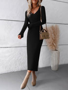 Solid color long - sleeved sweater dress - ElegantAlpha