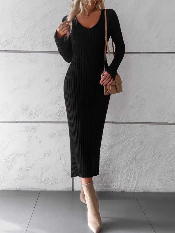 Solid color long - sleeved sweater dress - ElegantAlpha