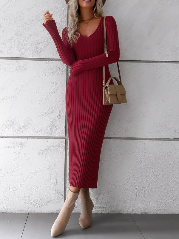 Solid color long - sleeved sweater dress - ElegantAlpha