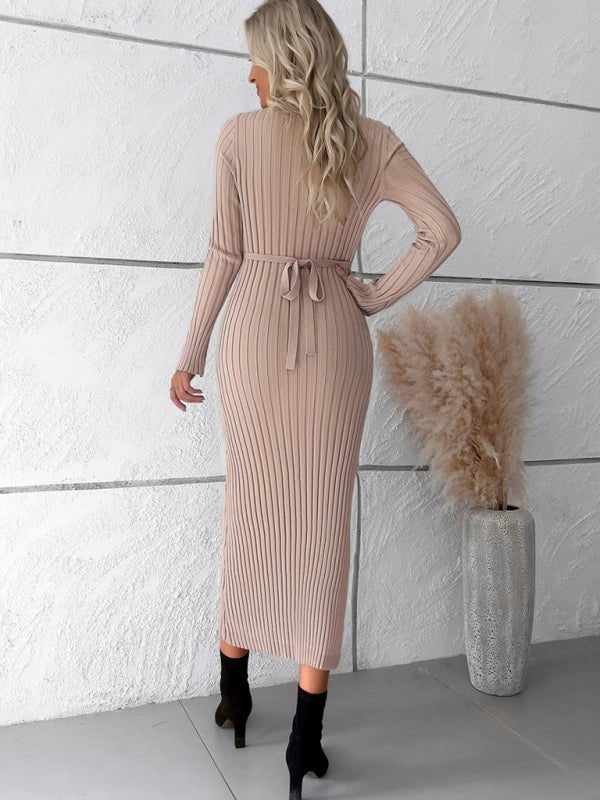 Solid color long - sleeved sweater dress - ElegantAlpha