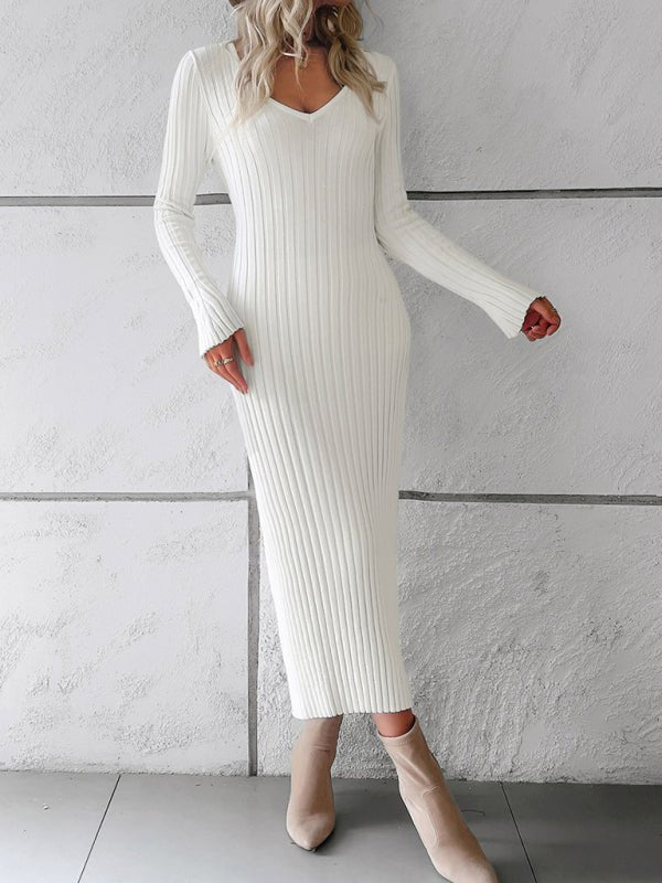 Solid color long - sleeved sweater dress - ElegantAlpha