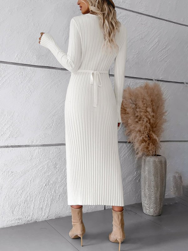 Solid color long - sleeved sweater dress - ElegantAlpha