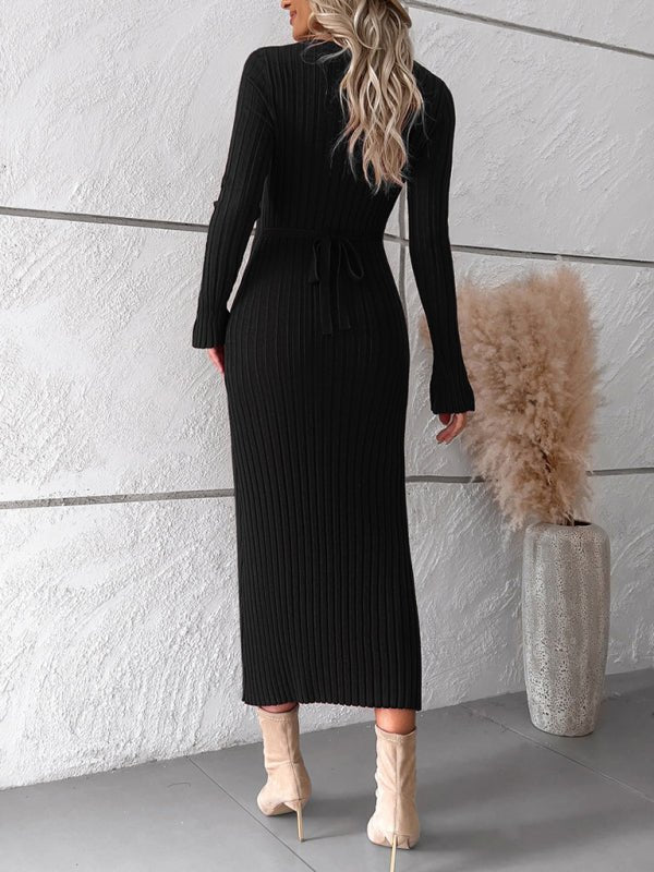 Solid color long - sleeved sweater dress - ElegantAlpha