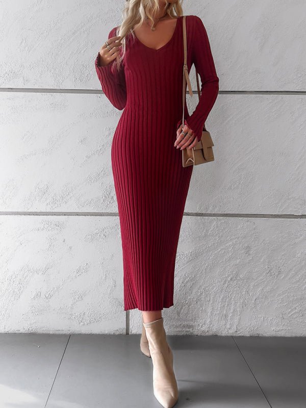 Solid color long - sleeved sweater dress - ElegantAlpha