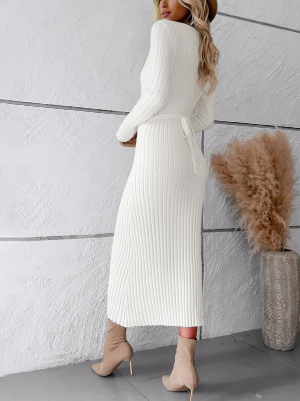 Solid color long - sleeved sweater dress - ElegantAlpha