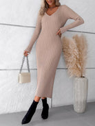 Solid color long - sleeved sweater dress - ElegantAlpha