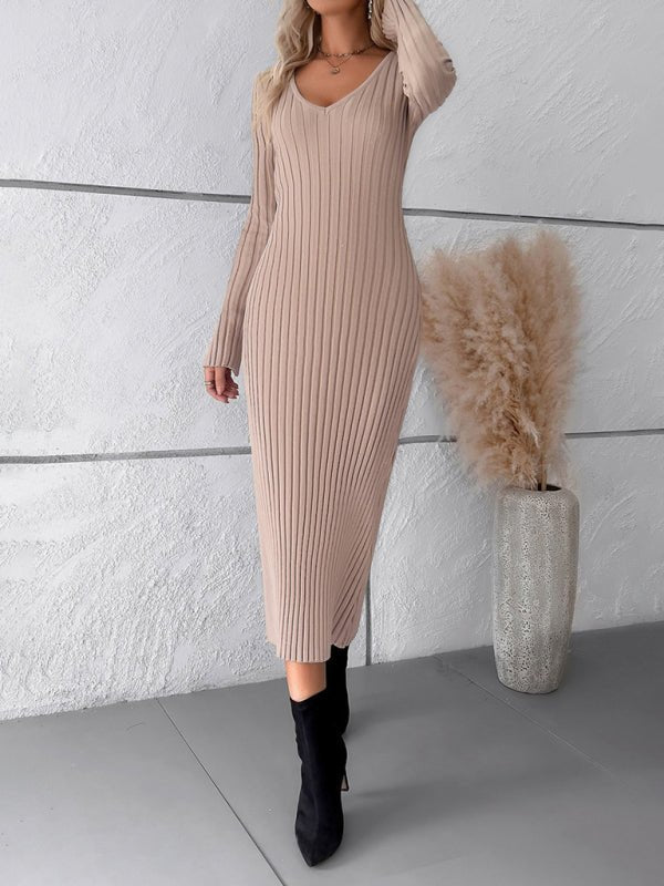 Solid color long - sleeved sweater dress - ElegantAlpha