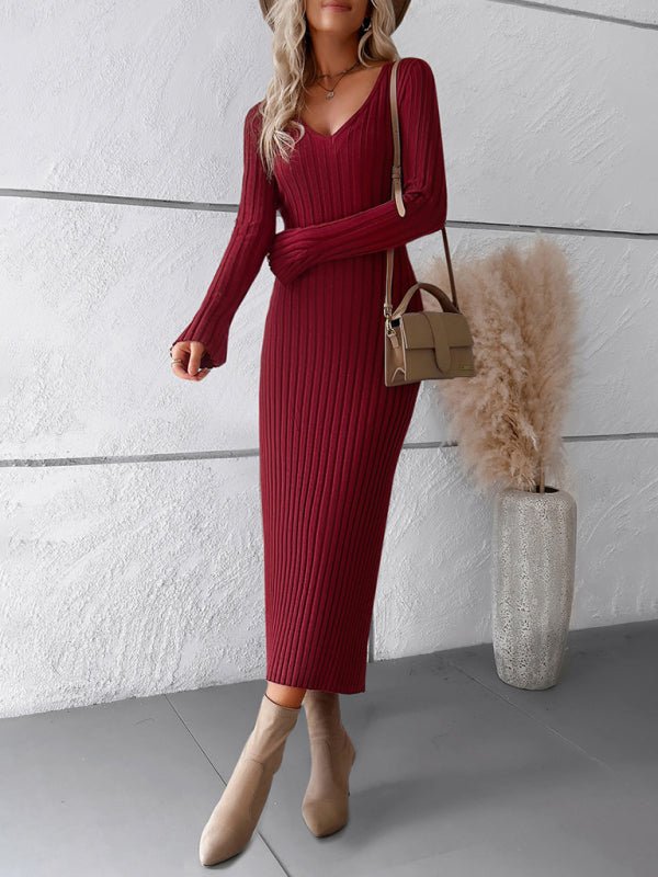 Solid color long - sleeved sweater dress - ElegantAlpha