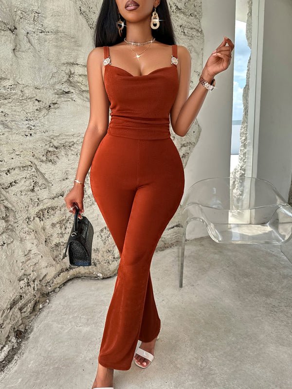 Solid color metal jumpsuit with suspenders - ElegantAlpha