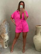 Solid Color Single Breasted Sleeve Shirt Shorts Two - Piece Set - ElegantAlpha®