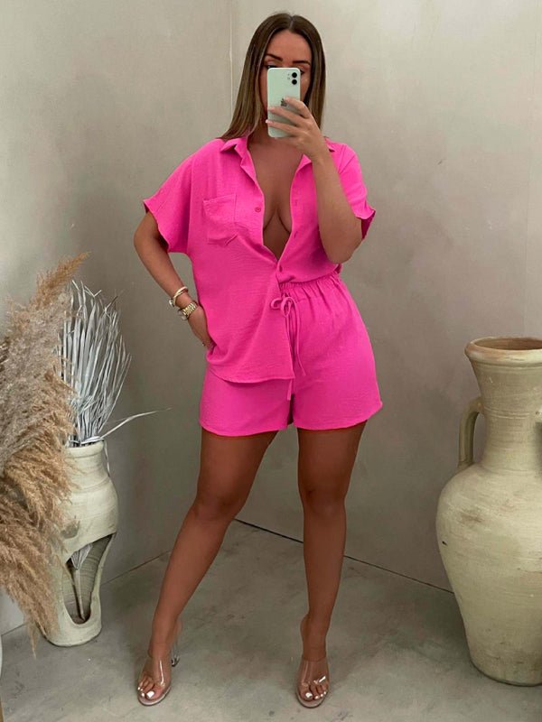 Solid Color Single Breasted Sleeve Shirt Shorts Two - Piece Set - ElegantAlpha®