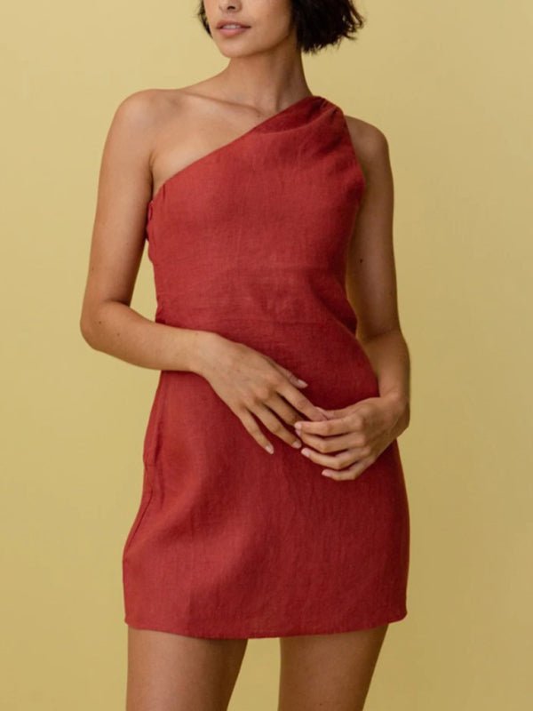 Solid color slant shoulder dress - ElegantAlpha