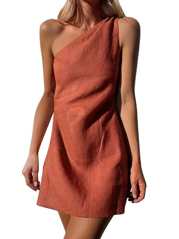 Solid color slant shoulder dress - ElegantAlpha