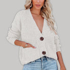 Solid V-Neck Single Breasted Long Sleeved Sweater - ElegantAlpha®