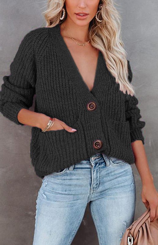 Solid V-Neck Single Breasted Long Sleeved Sweater - ElegantAlpha®