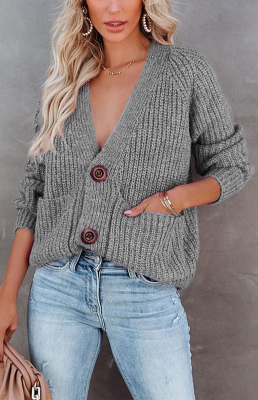 Solid V-Neck Single Breasted Long Sleeved Sweater - ElegantAlpha®