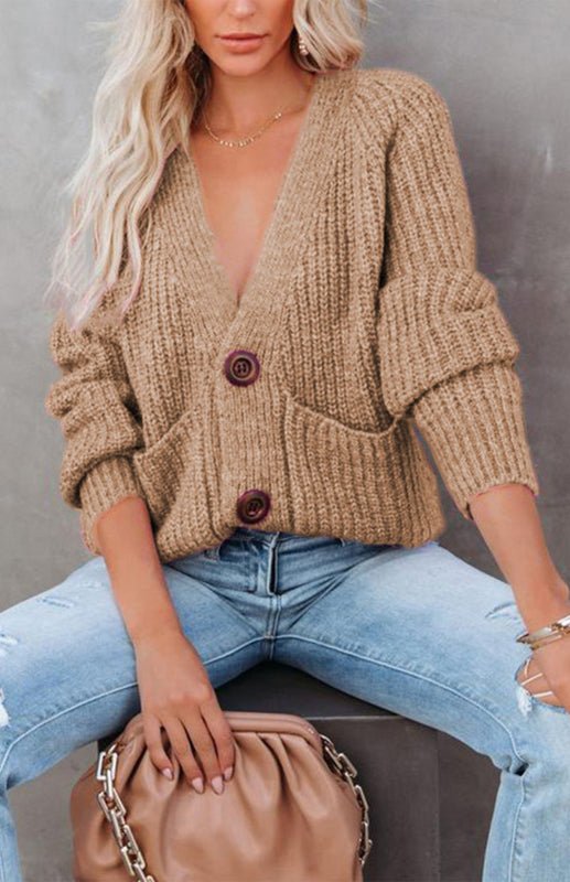 Solid V-Neck Single Breasted Long Sleeved Sweater - ElegantAlpha®