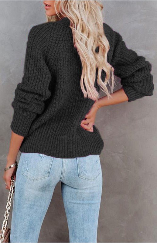 Solid V-Neck Single Breasted Long Sleeved Sweater - ElegantAlpha®