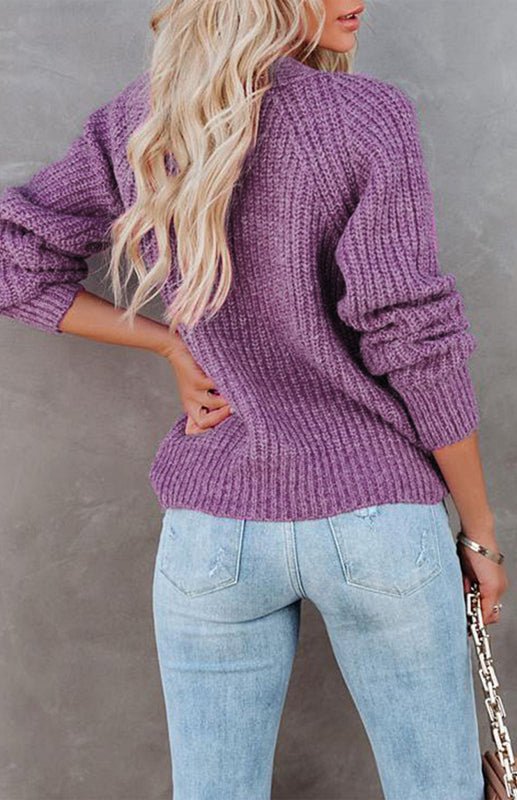 Solid V-Neck Single Breasted Long Sleeved Sweater - ElegantAlpha®