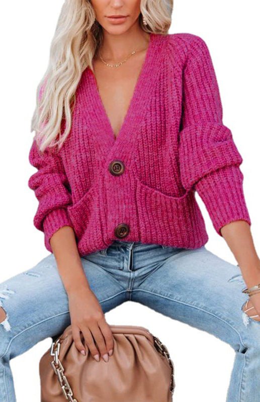 Solid V-Neck Single Breasted Long Sleeved Sweater - ElegantAlpha®