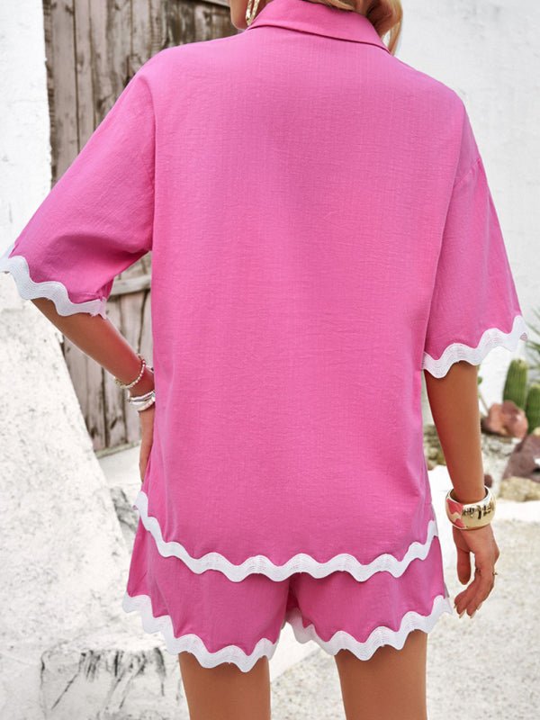 Spring and summer solid color lace shirt and shorts suit - ElegantAlpha