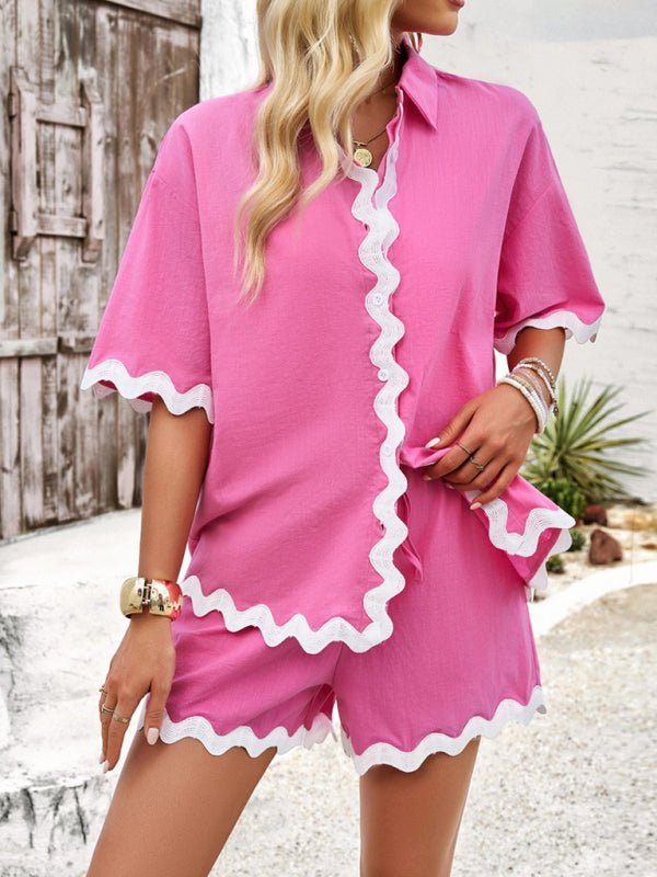 Spring and summer solid color lace shirt and shorts suit - ElegantAlpha