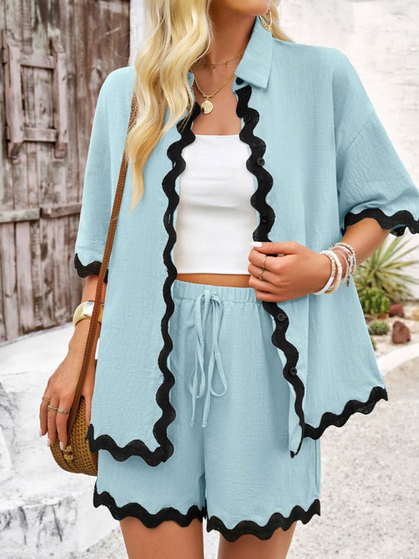 Spring and summer solid color lace shirt and shorts suit - ElegantAlpha